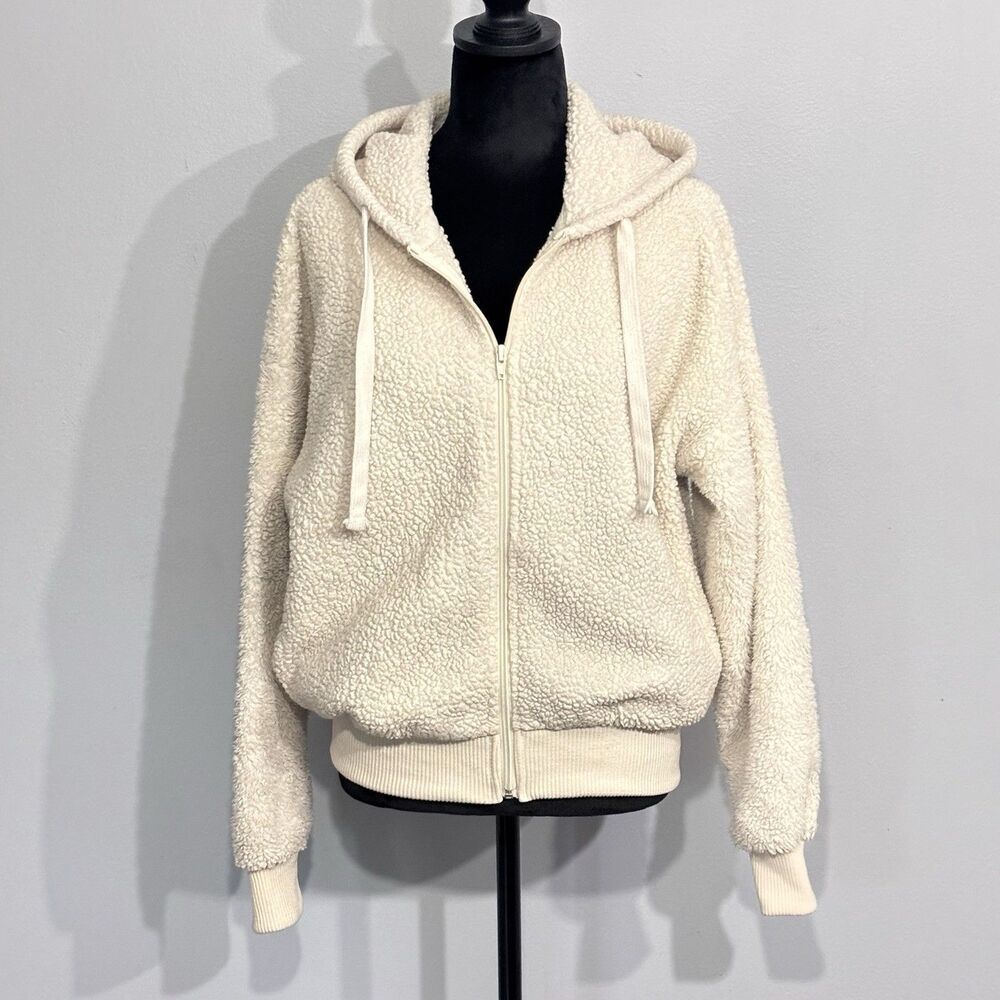 Forever 21 Women's Large Cream White Sherpa Hooded Jacket Pockets Full Zip SZ S